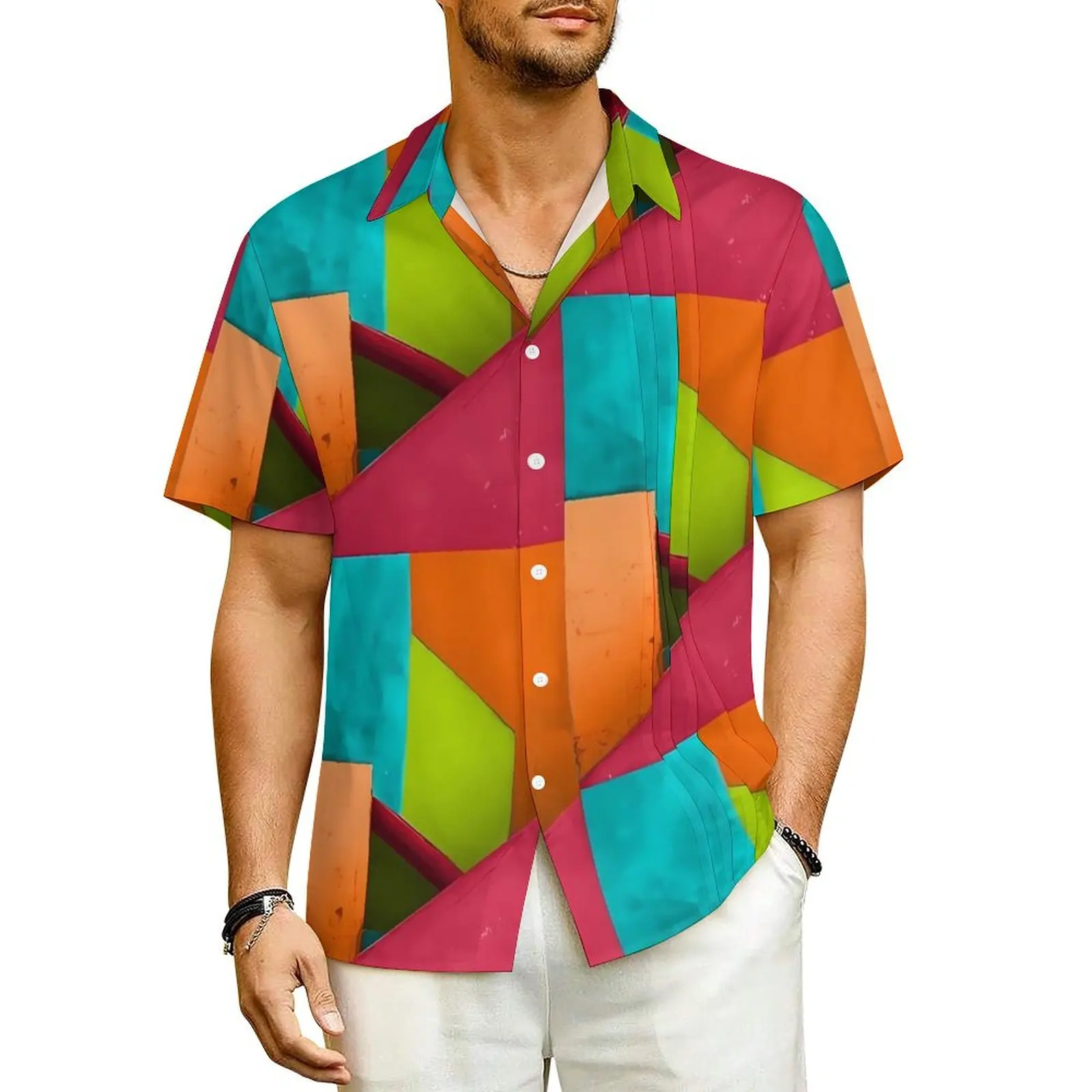 

Cuban Colorblock Casual Shirt Colorful Print Trendy Hawaiian Shirts Men Short Sleeves Vacation Fashion Design Oversized Blouses