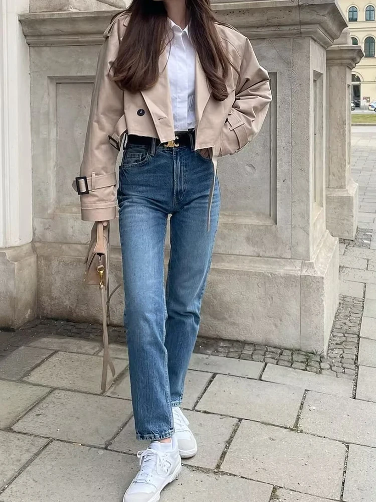 Mode wanita baru dengan sabuk mantel Trench crop besar antik kancing ganda lengan panjang Khaki pendek wanita