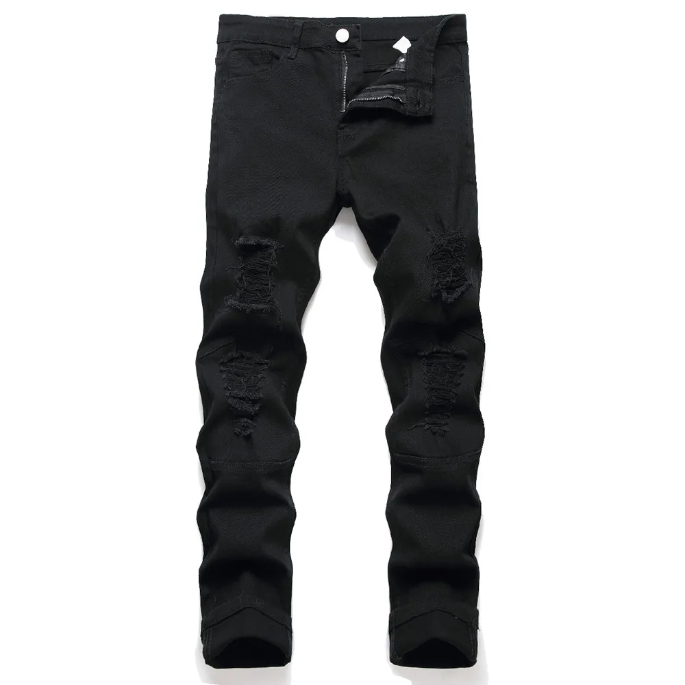 

Men Black Stretch Skinny Fit Pencil Jeans Trousers Knee Ripped Distressed Motorcycle Biker Jeans Pants Men's