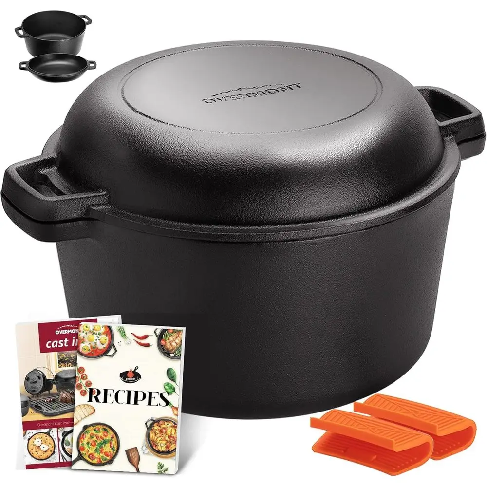 

2-in-1 Cast Iron Dutch Oven - 5QT Pre-Seasoned All-in-One Casserole Braising Pan with Skillet Lid Cookbook & Silicone Handle Cov