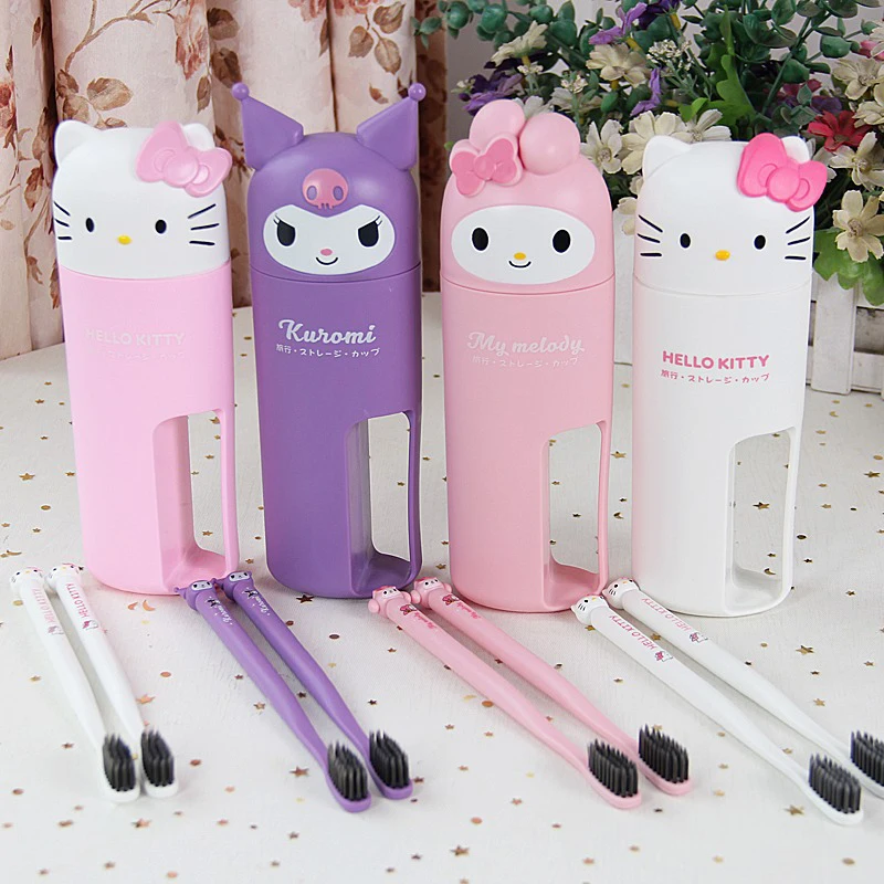 Kawaii Hello Kitty Toothbrush Cup Set Anime Kuromi My Melody Portable Travel Toothbrush Storage Box Set Cute Children'S Gift