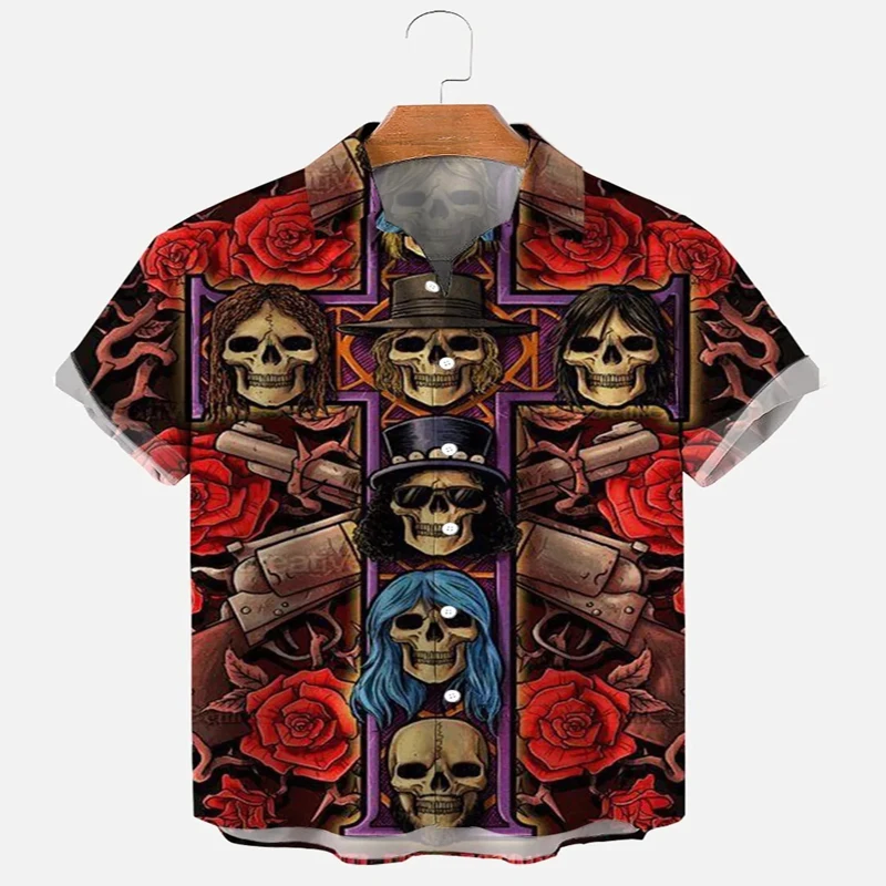 

Retro Skull and Rose Short Sleeve Shirt 3D All Over Printed Hawaiian Shirt for Men and Women Casual Shirt Unisex