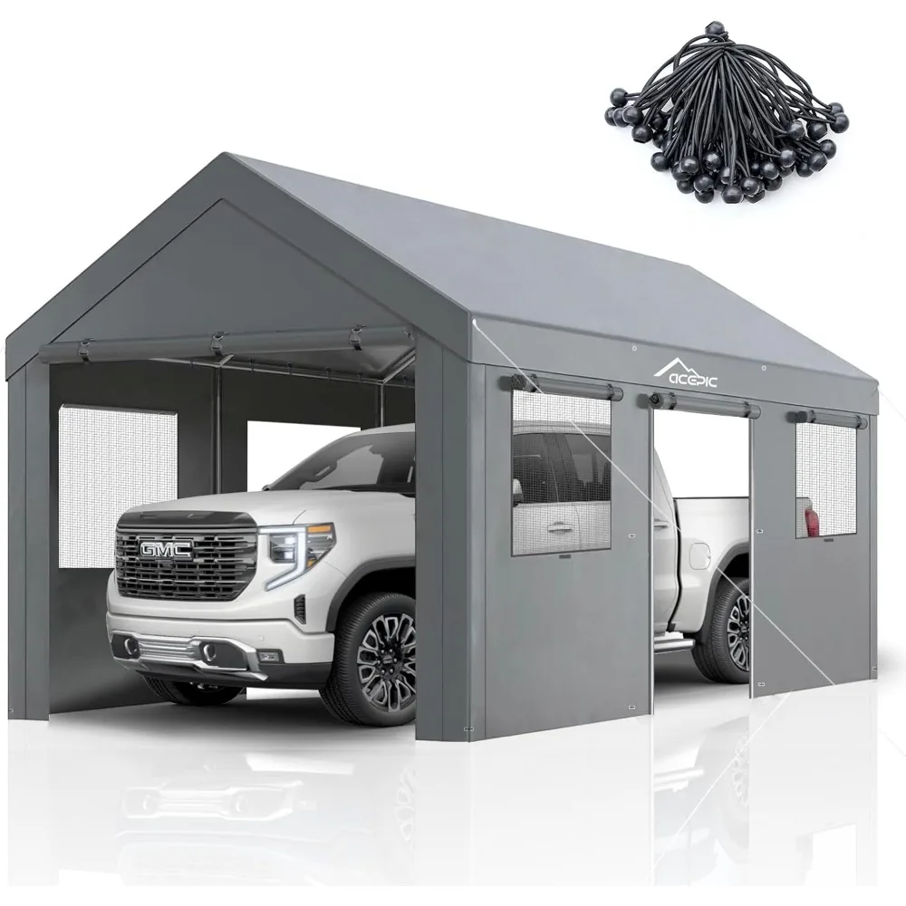 

Carport 10x20ft Heavy Duty Carport с подвижными окнами и дверями, портативный гараж с устойчивым к ультрафиолетовому излучению, водонепроницаемым, всесезонным, Tar