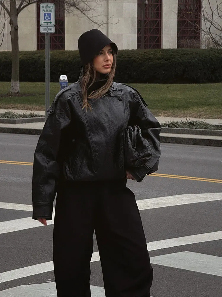 HH 2026 Women Trend Pu Leather Black Coats Stand Collar Long Sleeve Zipper Jacket Woman Fashion Vintage High Street Pu Jackets