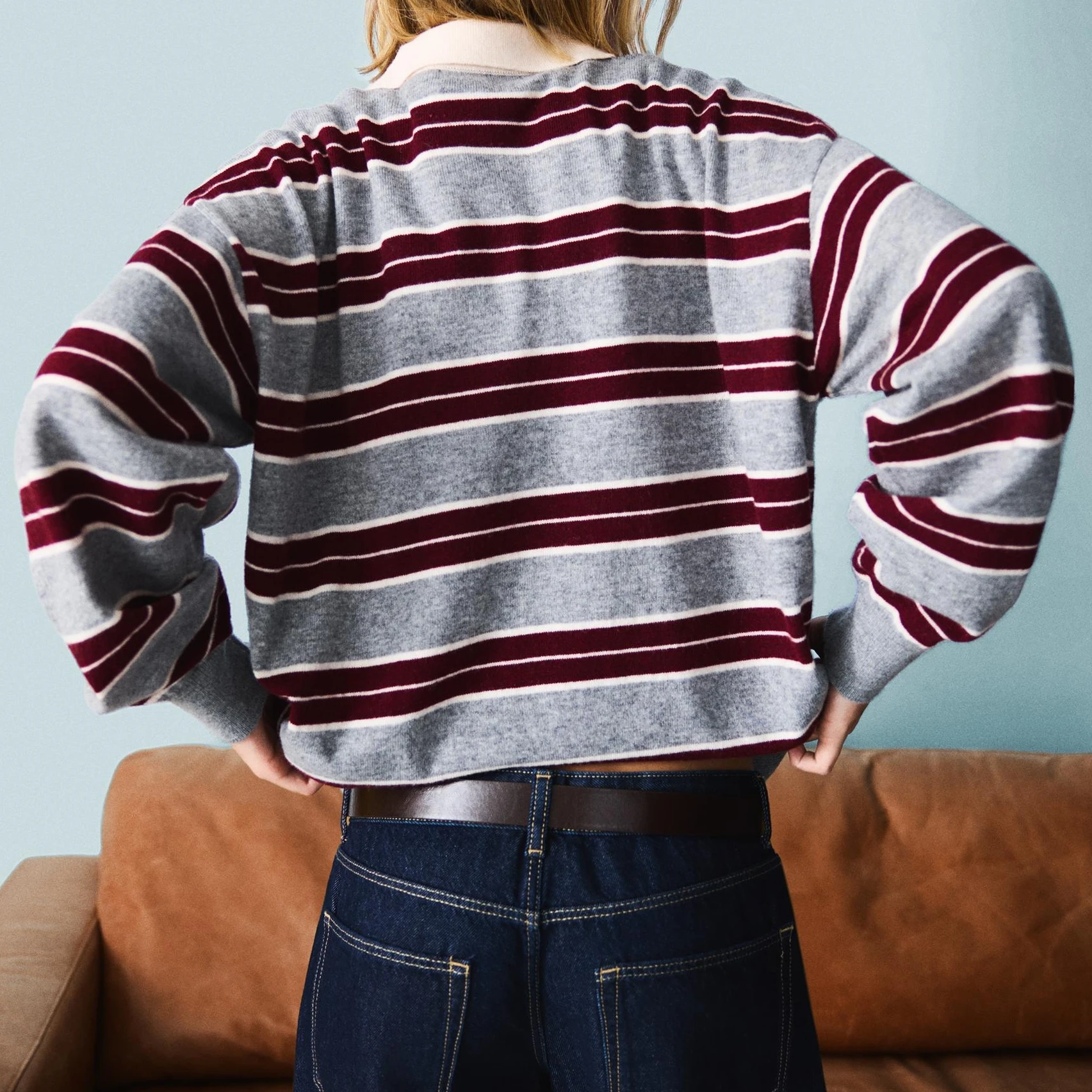 Vintage Women's Striped Gray Burgundy Crewneck Pullover Long Sleeve Fall Sweatshirts Casual Loose Fit Crewneck Sweatshirt