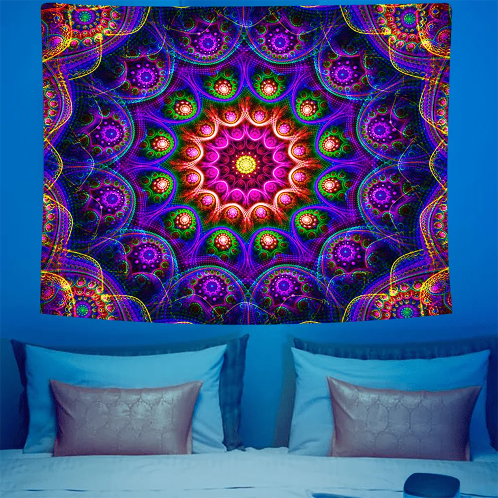 1pc  Glowing Mandala Fluorescent Tapestry, Trippy Neon Fractal Wall Hanging for Bedroom Living Room Dorm Decor