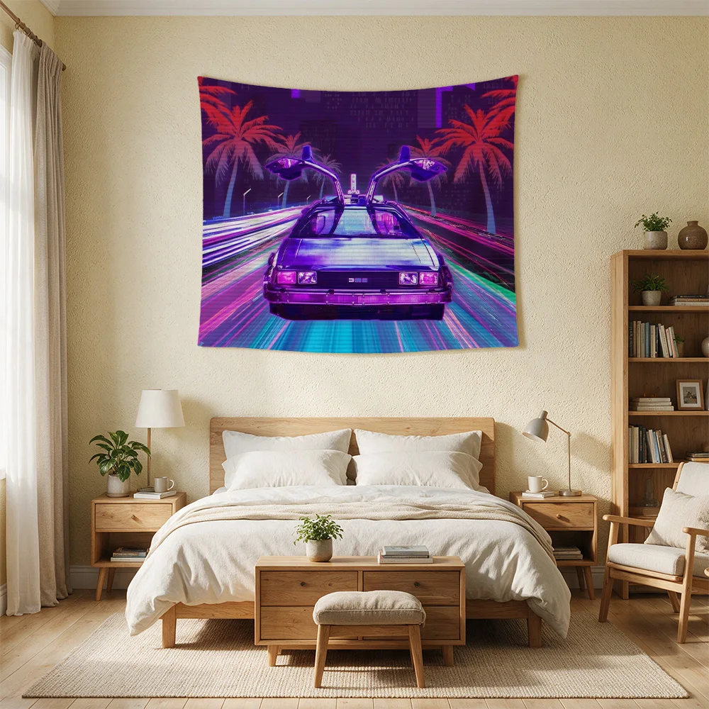 Retro Synthwave Neon Sunset Miami Night Drive Car Art Tapestry Wall Decor Poster Print