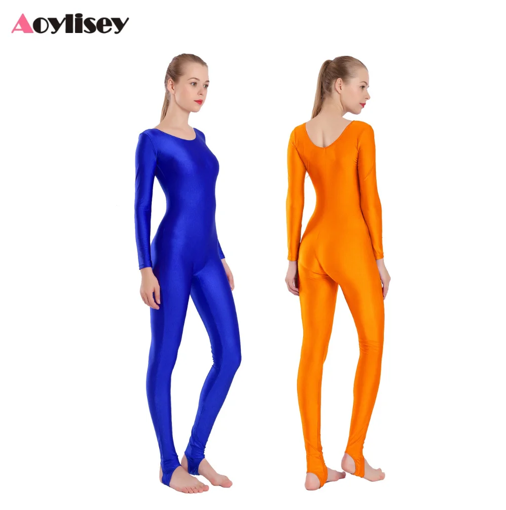 Femmes Spandex Unitards étriers Ballet Costume à manches longues adulte gymnastique corps complet Dancewear combinaison entraînement combishorts