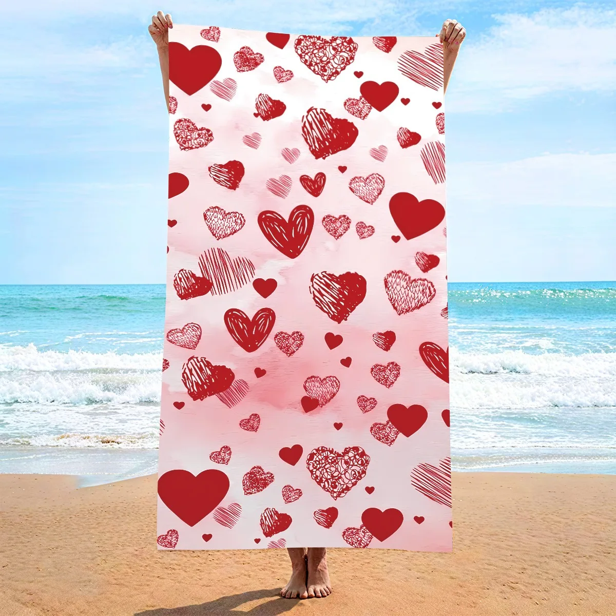 

Romantic Red Love Heart Print Polyester Beach Towel Quick Dry Sandproof Bath Towels Summer Swimming Pool Vacation Blanket Mat
