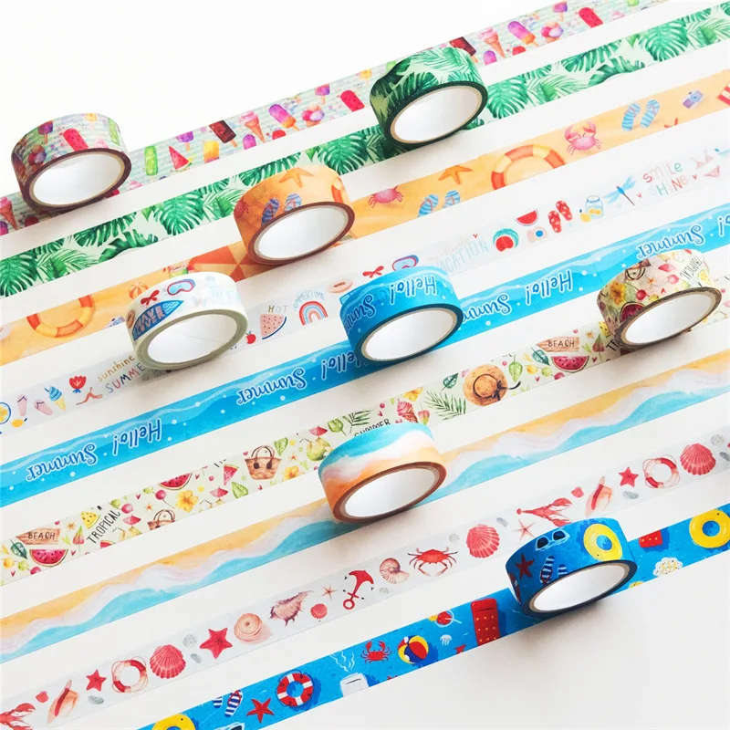 10pcs Summer Washi Tapes Set Sea 15mm*5m Beach Icecream Paper Adhesive Masking Tapes Decoration Stickers A7397