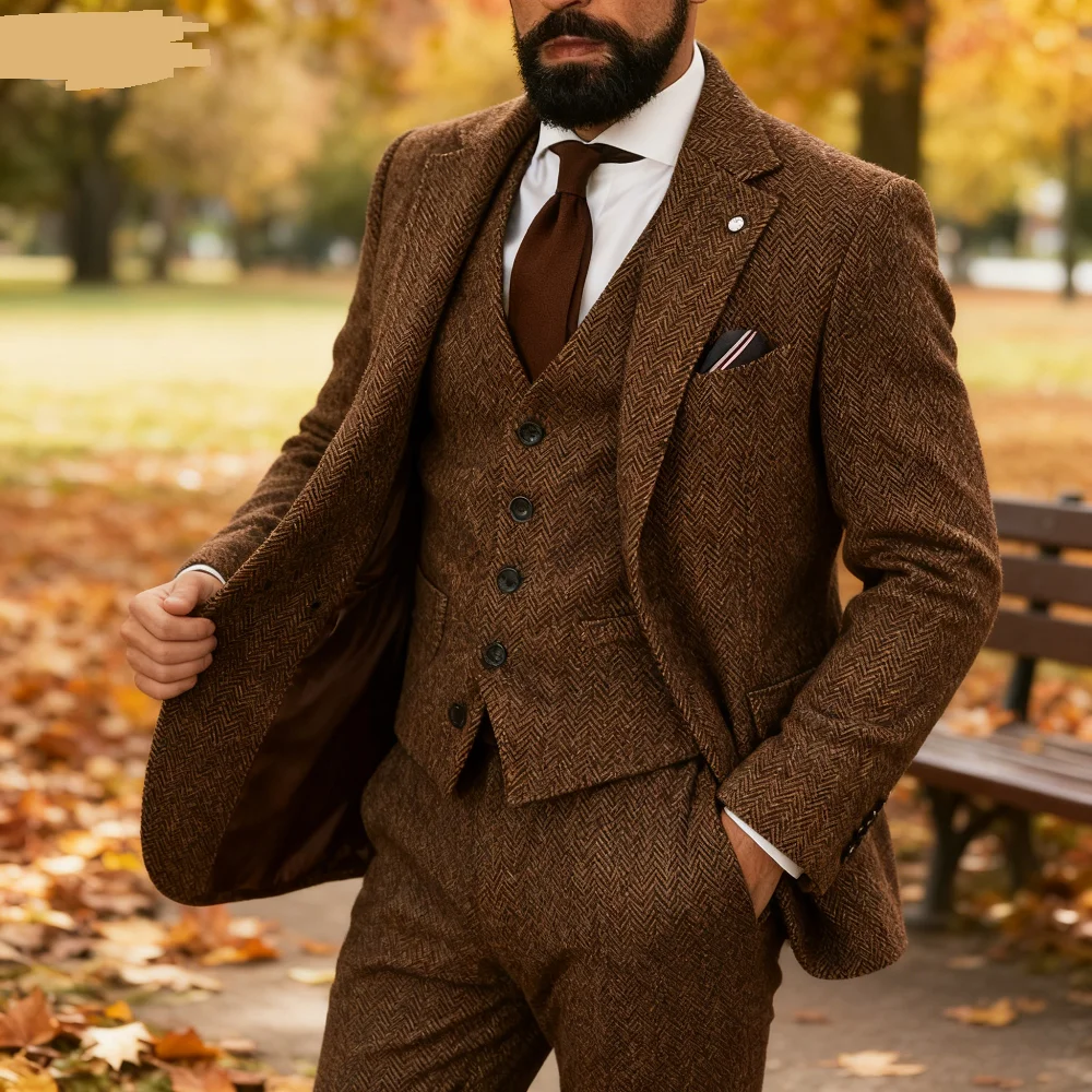 

Brown Men's Winter Tweed Wool Slim Fit Formal Wedding Tweed Groom Tuxedo for Men Business/Wedding Men's Suit Jacket Vest Pants