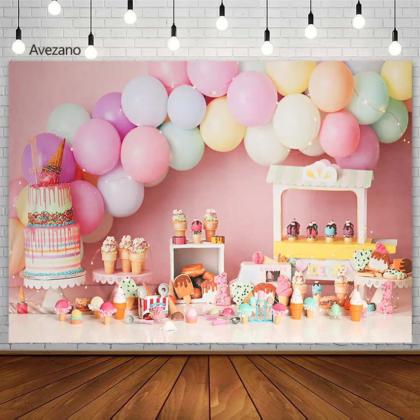 Avezano Photography Background Sweet Ice Cream Pink Balloon Girl 1st Birthday Portrait Cake Smash Backdrops For Photo Studio