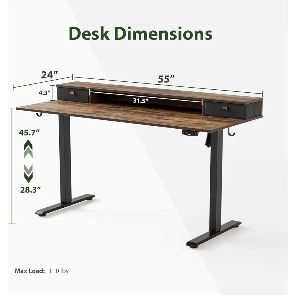 Ergonomic Adjustable Electric Desk 55x24, Dual Drawers, Height-Modifiable Standing Desk for Comfortable Sit-Stand Workstations