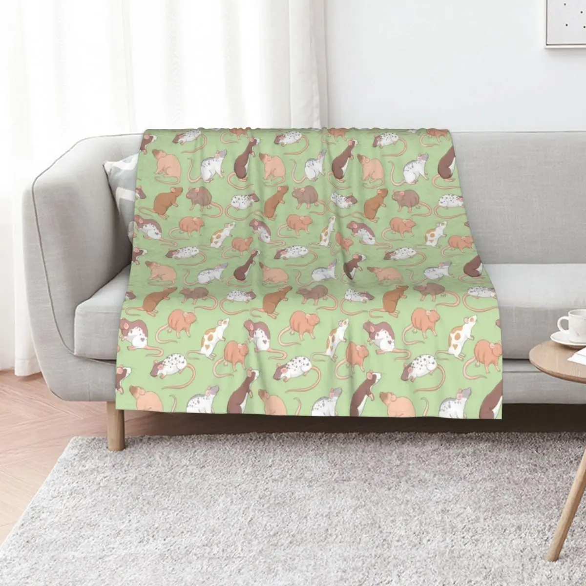 Cute Rattie rats illustration patter against green background Whimsicolour art Throw Blanket Bed covers For Baby Nap Blankets