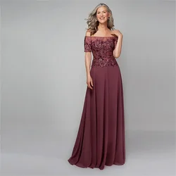 Elegante vestido de casamento em linha A, decote bote, manga curta, apliques, mãe da noiva, Borgonha, Chiffon, Novo, 2024