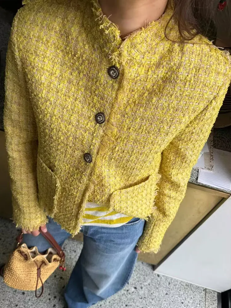 

Elegant Woman Yellow Coat Tassel Long Sleeve Single-breasted Jacket 2025 Autumn Lady Pockets Streetwear Women's Outerwear