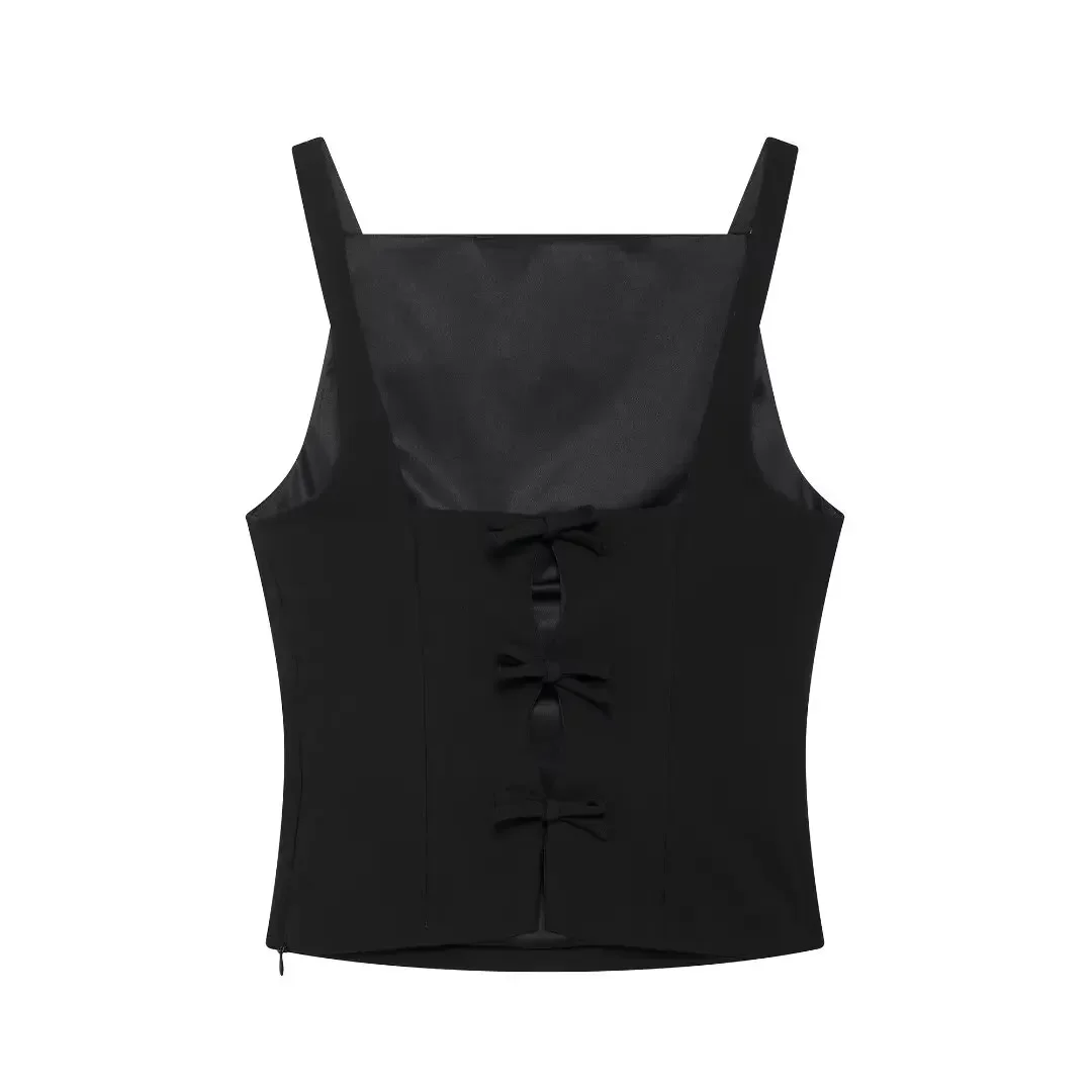 Women's 2024 new fashion back bow decoration slim short camisole top retro sleeveless backless women's vest chic top