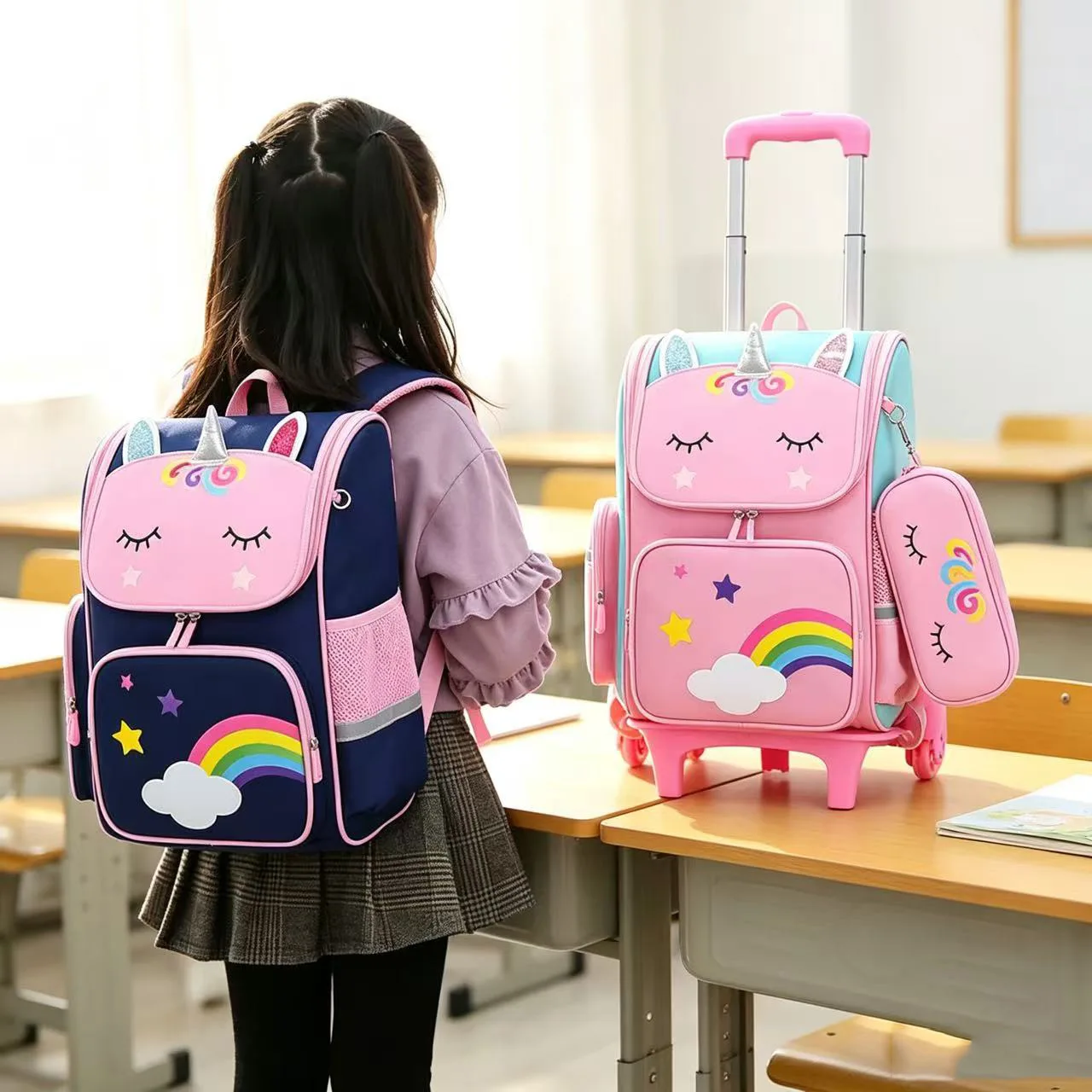 unicorn-pull-top-school-bag-for-primary-students-detachable-six-wheels-rolling-school-bag-cute-style-polyester-material