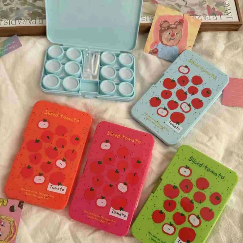 

Retro Japanese Tomatoes Apples Colored Contacts Organizer Cute Cartoon Student Eye Contact Case Portable Travel Contact Box