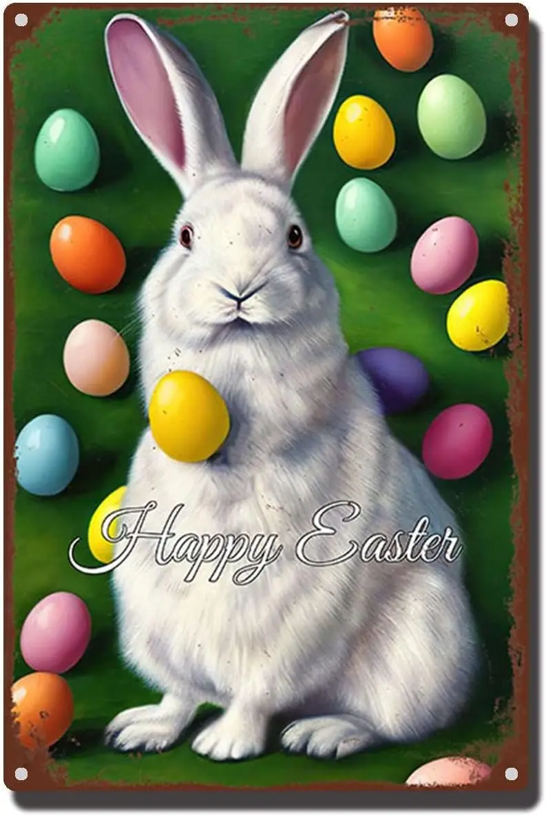THUANCKY Metal Sign Cute Bunny Easter Egg Metal Tin Sign Home Bar Cafe Wall Decor Signs inch Tin Sign-aluminum