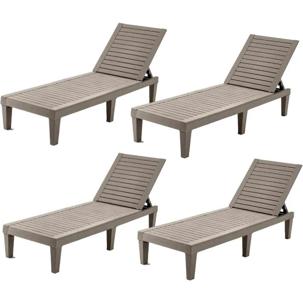 Juego de 4 sillas tipo tumbonas para exteriores, tumbonas para patio para todo tipo de clima con respaldo ajustable de 5 posiciones y diseño con textura de madera,