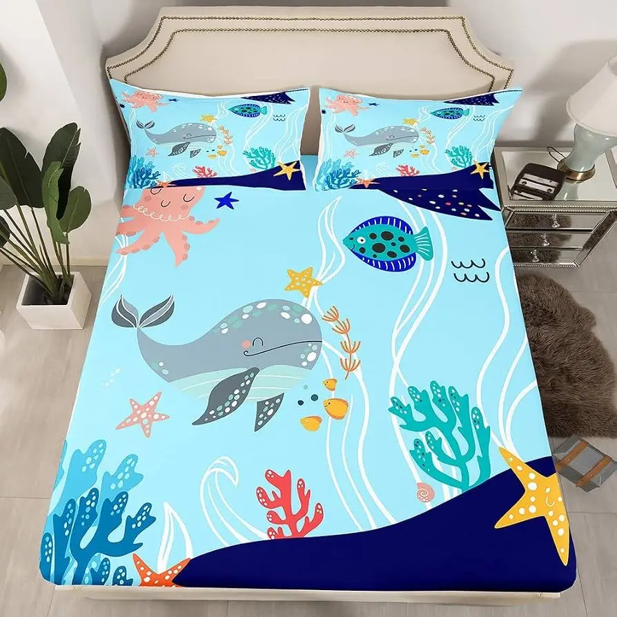 Lovely Whale Fitted Sheet Kawaii Ocean Animal Bedding Set for Boys Girls Cute Cartoon Marine Life Bed Cover King Queen Twin Size
