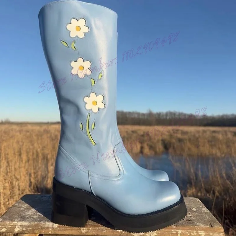 Botas de plataforma con bordado de flores rojas Para mujer, Zapatos de media caña con punta redonda, de cuero mate, tacón grueso, 2024