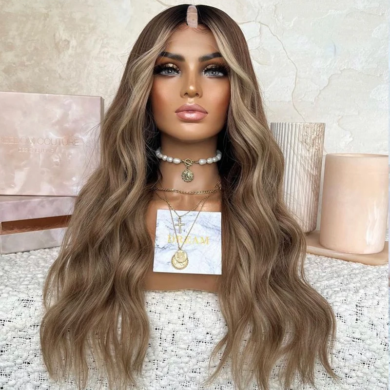 Indian 100% Human Hair Ash Honey Brown Blonde Highlight Black Women 1X4 Size U Part Wigs with Clips Natural Opening V Part Wigs