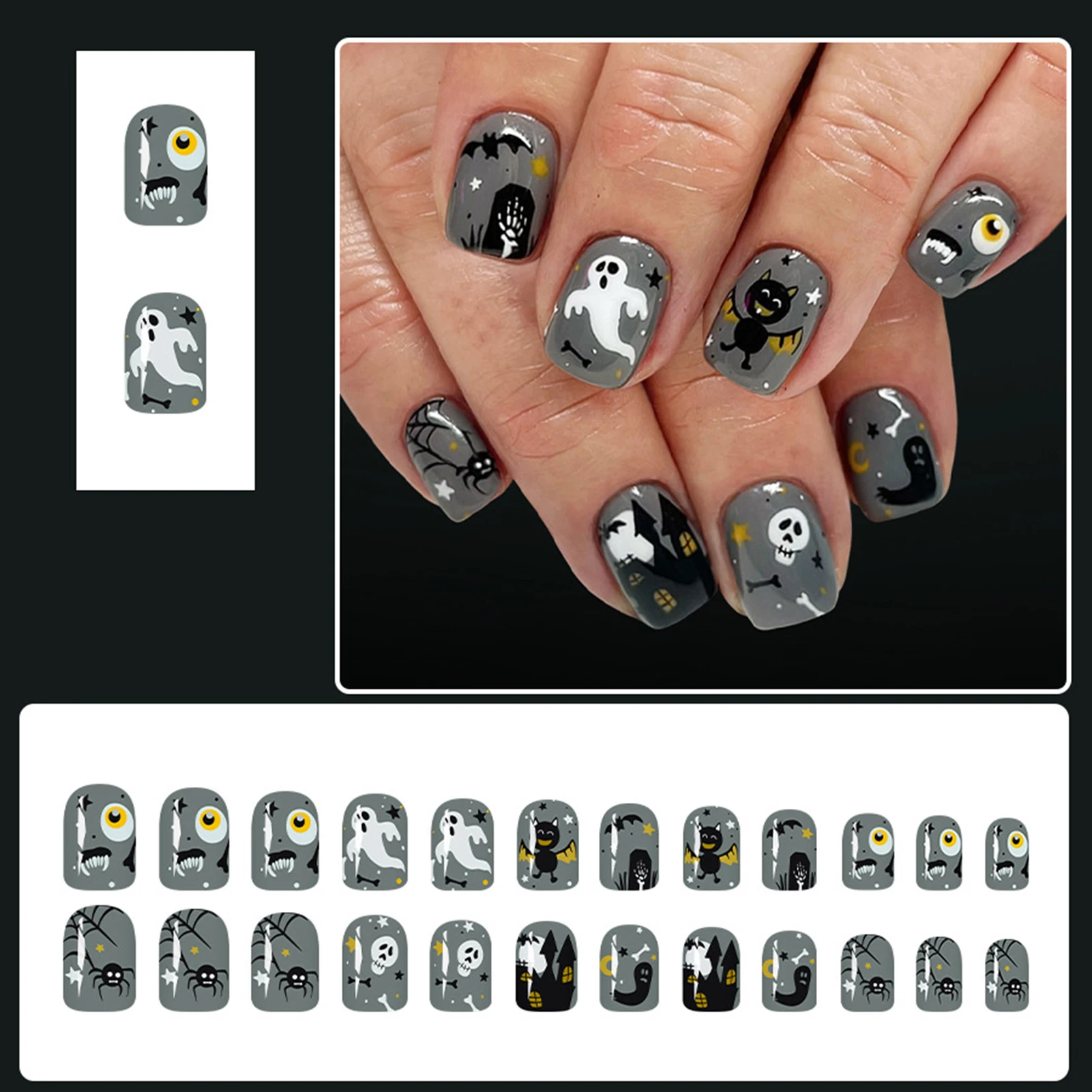 24 Stück Niedliche DIY Aufklebenägel mit Halloween-Geister-Print, Mandelform, Künstliche Nägel für Frauen und Mädchen, für den täglichen Gebrauch und Partys – Detail 11