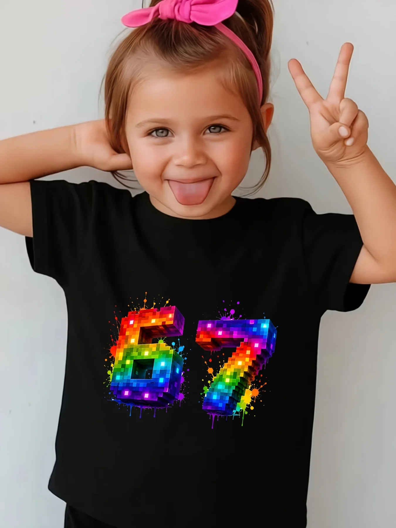 Kids Colorful Pixel Number 67 Paint Graphic Tee Boys Girls Family Matching Short Sleeve Birthday Party Casual Daily T Shirt
