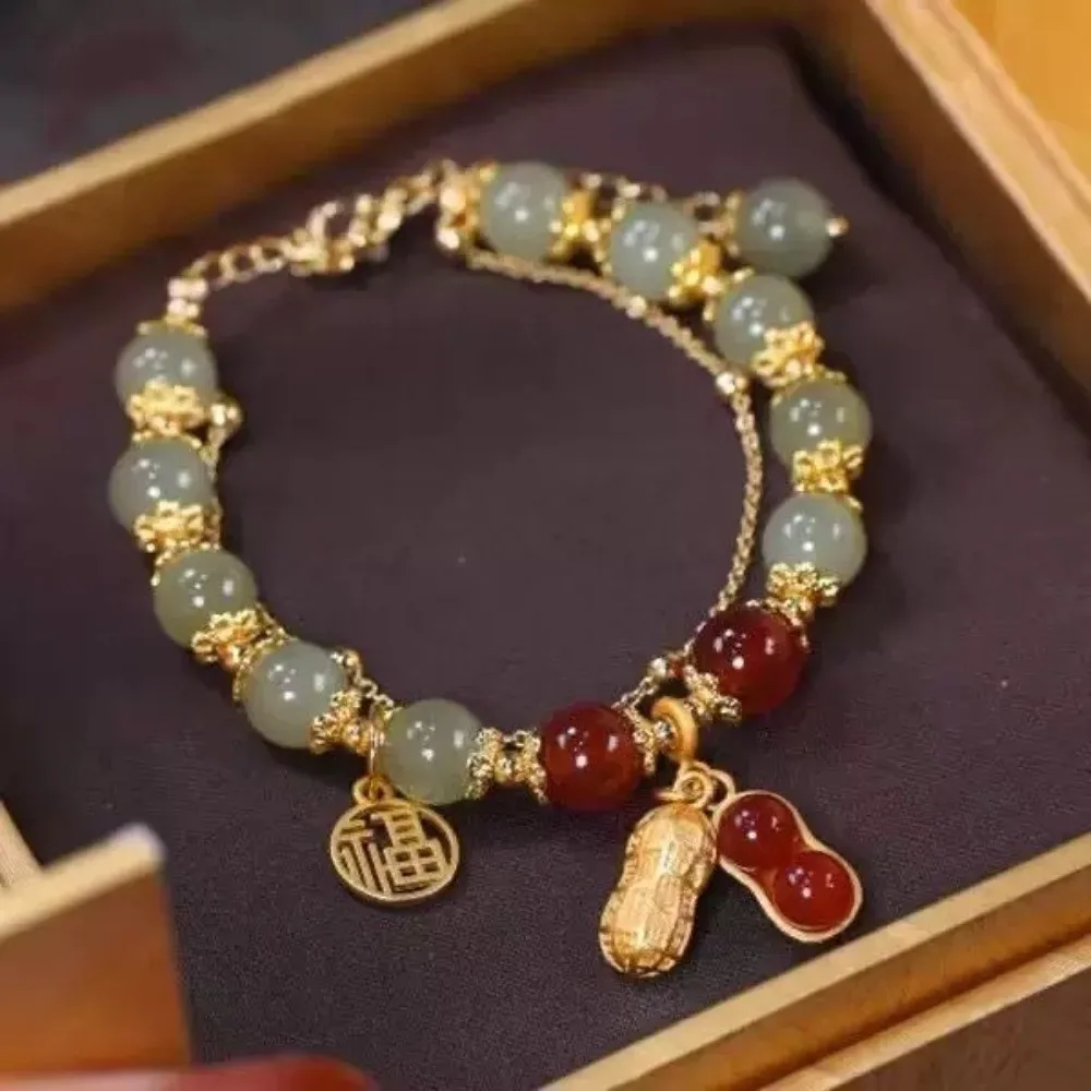 Pulsera de Cuerda Elástica con Diseño de Cacahuete Natural y Imitación de Jade, Amuleto de la Suerte, Accesorios de Joyería