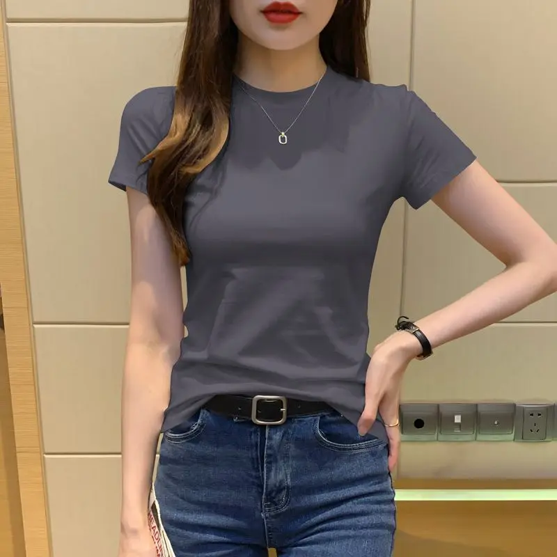 Simple Fashion Casual Summer New T-Shirts Women Solid Color Round Neck Screw Thread Casual Versatile Short Sleeve Slim Tops