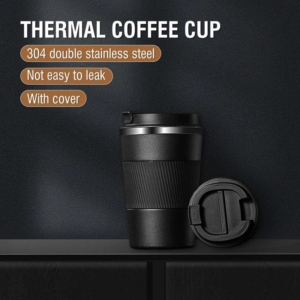 380ml Double 304 Stainless Steel Black Coffee Thermos Mug Leak-Proof Non-Slip Car Vacuum Flask Travel Thermal Cup Water Bottle