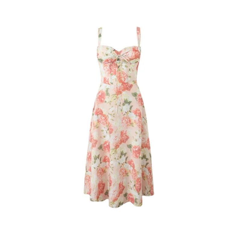 

Women Carmen Pink Peony Print Cotton Bustier Sundress Maxi Dress