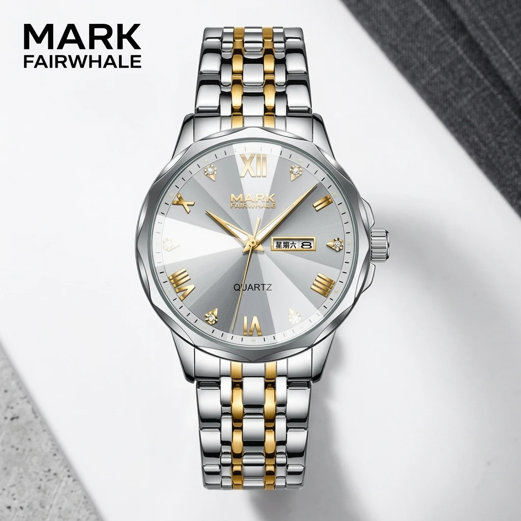 Mark Fairwhale Mens Wristwatch Roman Dial Rhinestone Index Day Date Display Stainless Steel Bracelet Waterproof Business Watch