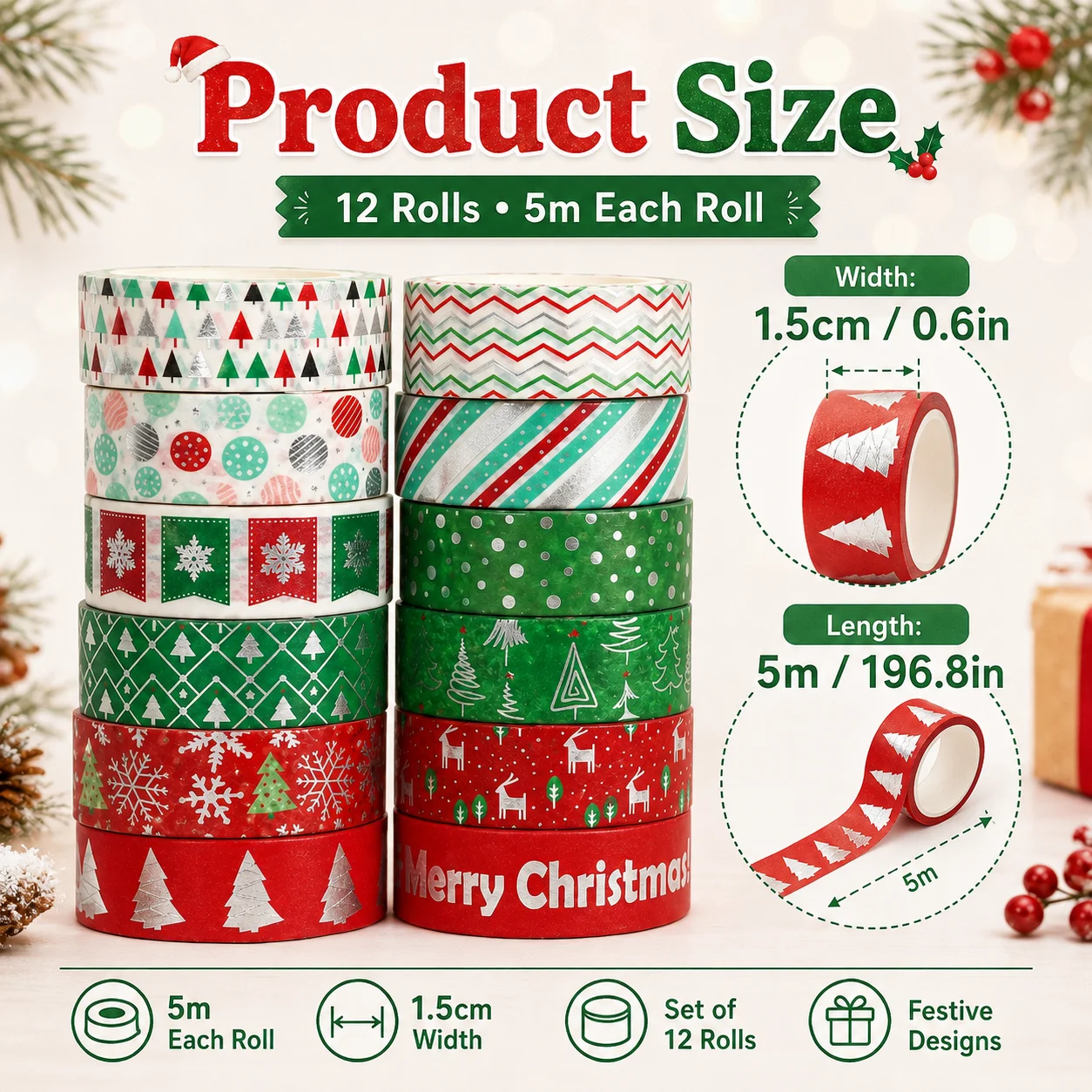 12 Rolls/Box Of Christmas Tree Red Green Color Washi Tape,Diy Photo Album Gift Decoration Supplies,Foil Stamping Craft.