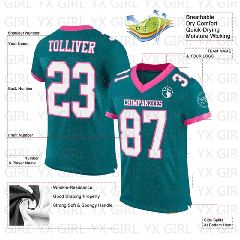 Custom Teal White-Pink Football Jersey Personlized Team name and you name, number V-Neck Athletic Football T-Shirts