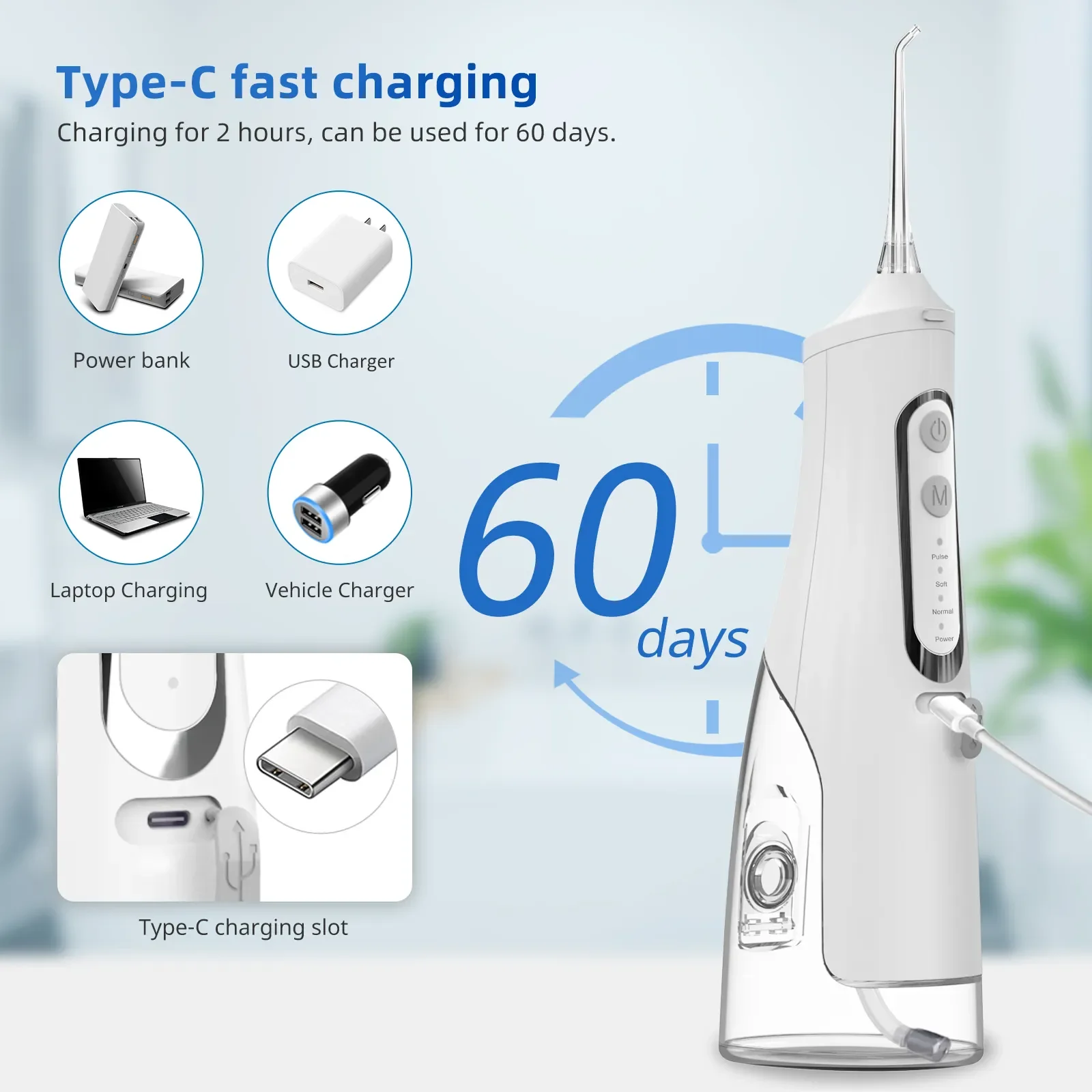 Portable Oral Irrigator 310ML USB Rechargeable Teeth Flusher Dental Water Pick Flosser Water Jet 6 Nozzles Tooth Cleaner