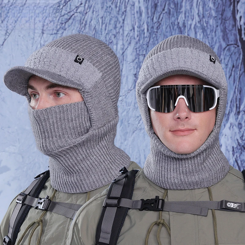 Winter Men Riding Visors Plus Velvet Peaked Sleeve Cap Windproof Ear Protection Woolen Knitted Mask Neck One Hat Set