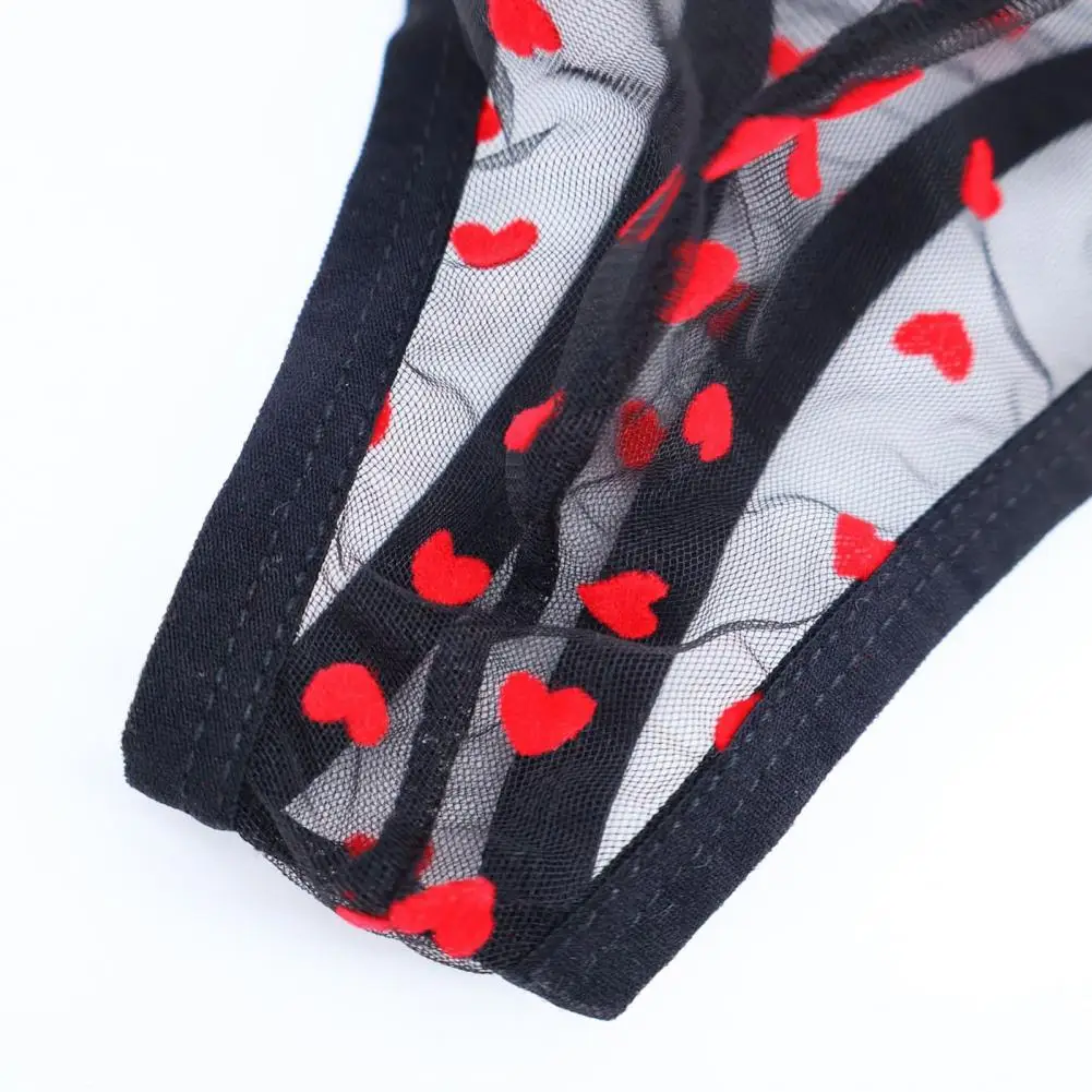 

Men Thong Low Waist Perspective Heart Pattern Briefs Mesh Design Breathable Panties Romantic Valentine Day Briefs Underwear