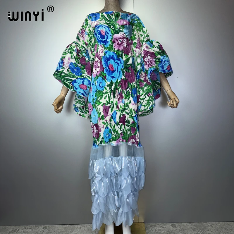 WINYI Slim Fit Pleated Elastic Dress Beach Cover up Kaftan Abaya for Muslim Women Dubai Luxury Party Fashion Evening Gown