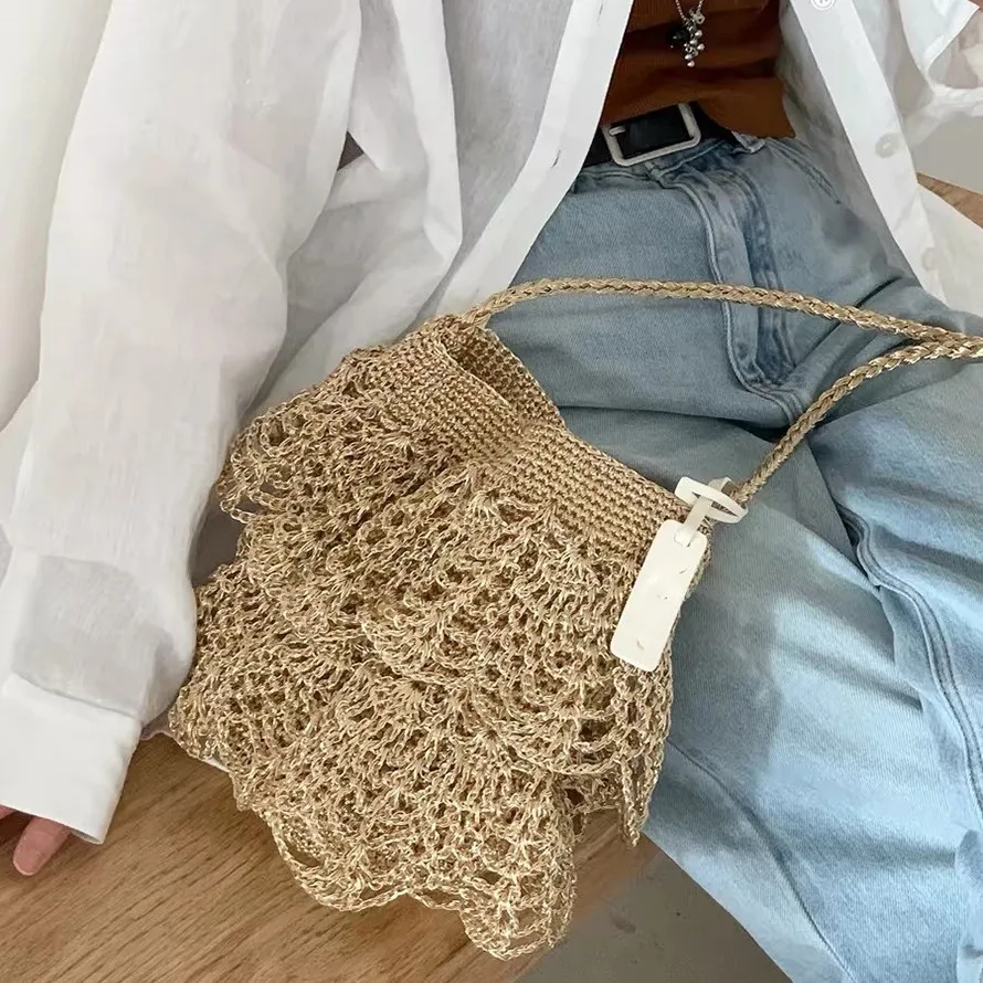 Fashion Hem Bucket Bags for Women Shoulder Bag Gold Thread Crochet Women's Bag NEW Ruched Knitting Crossbody Bags NEW Purses