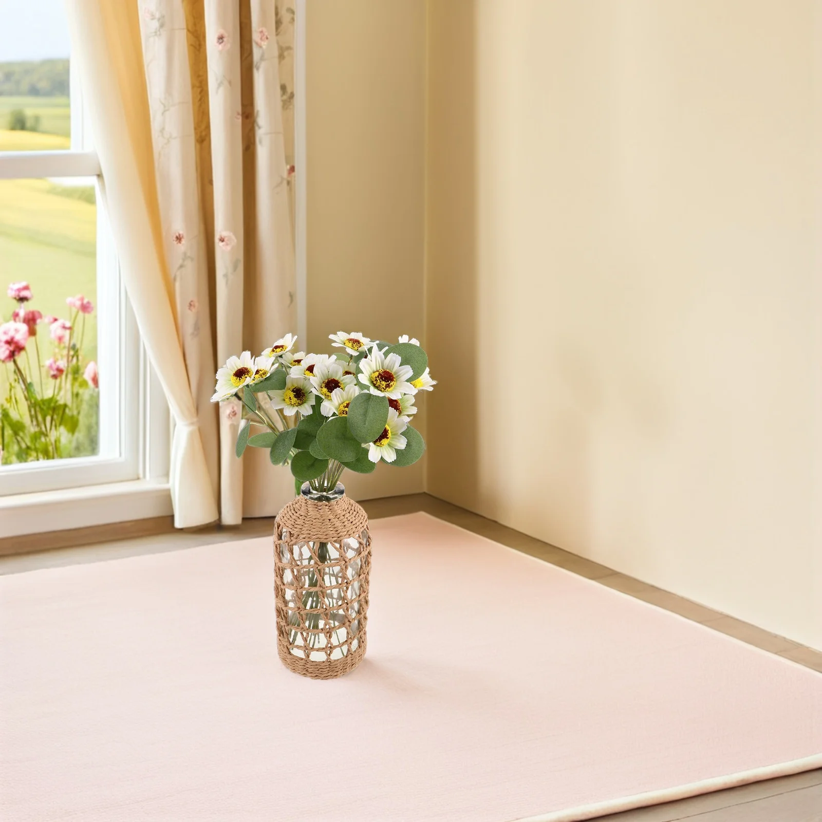 

Glass Flower Vase Woven Paper Rope Cover Hydroponic Vase Boho Style Tabletop Decorative Flower Container Dried Flowers