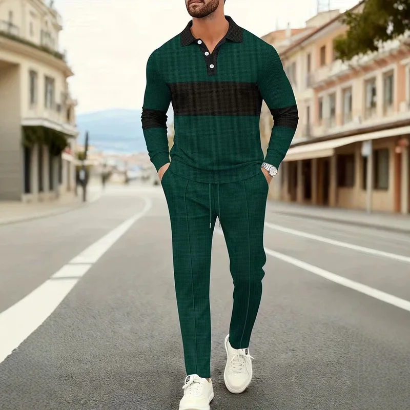 QICHE 2 Pcs Pack Men Long Sleeve Polo Shirt Spliced Lapel Drawstring Casual Outer Top Spring Autumn