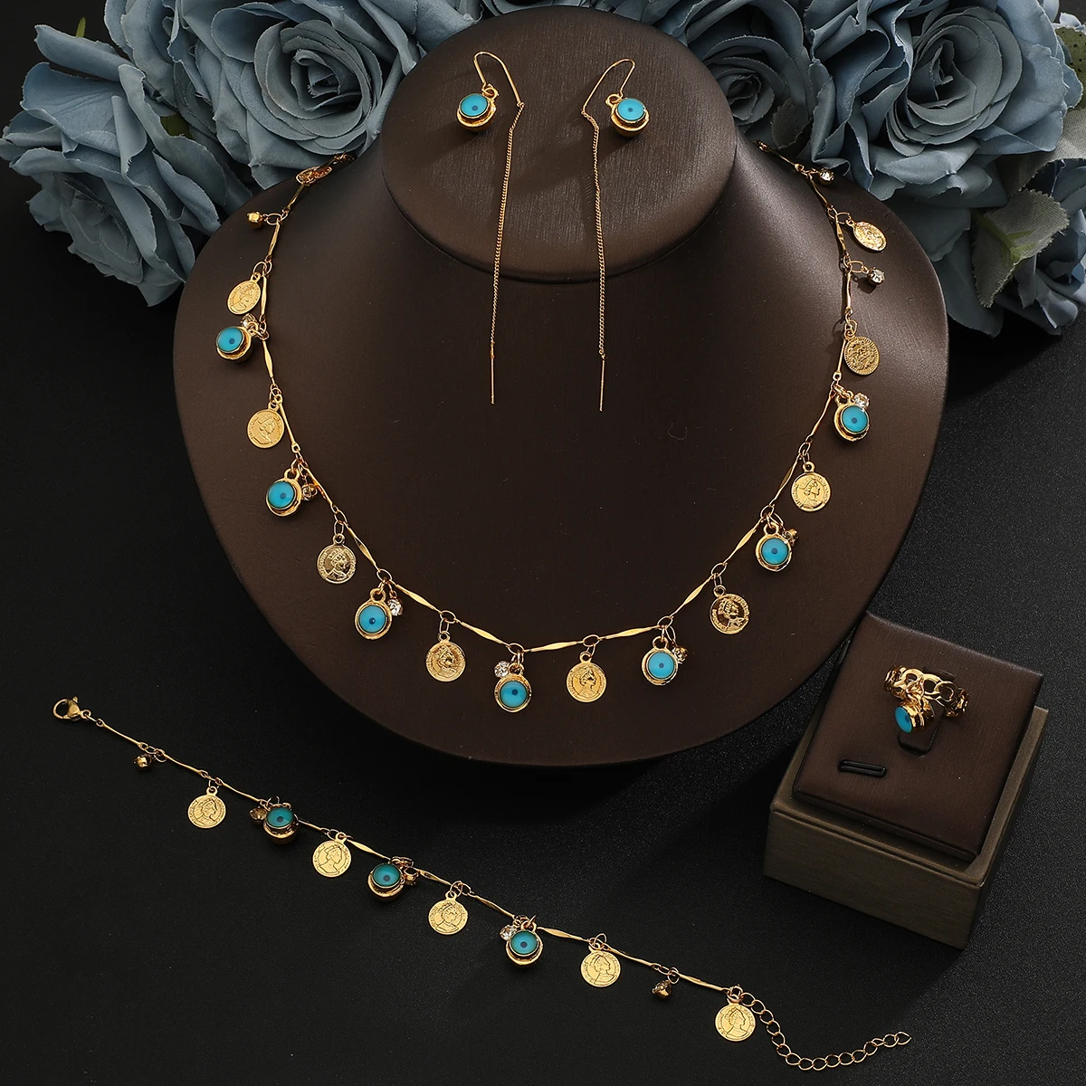 Hot sale Gold Plated 4Pcs blue eyes Coin Jewelry Set tassel Pendant Necklace  Earrings Ring Bracelet Vintage Boho  Party Gift