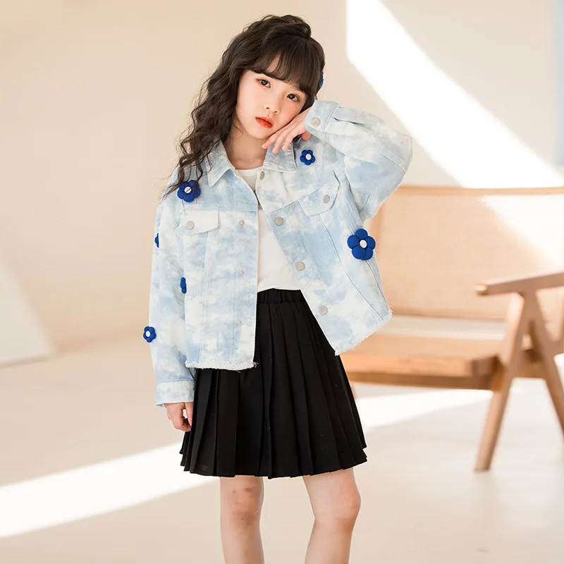 Children Girl 2PCS Clothes Set New Autumn School Girl Flower Bandhnu Single-breasted Denim Jacket + Pleated Skirt Set For Girls