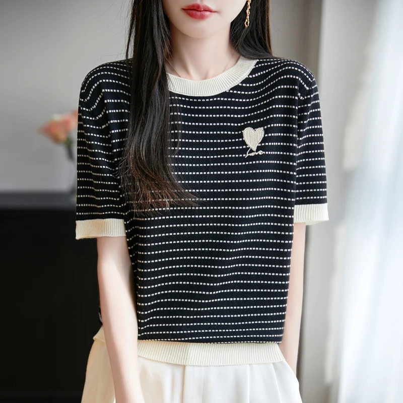 

Summer New Knitted Wool Women's T-shirt Casual Embroidered Love Short Sleeve Tops Round Neck Splicing Striped Tees Hoodie T Cool