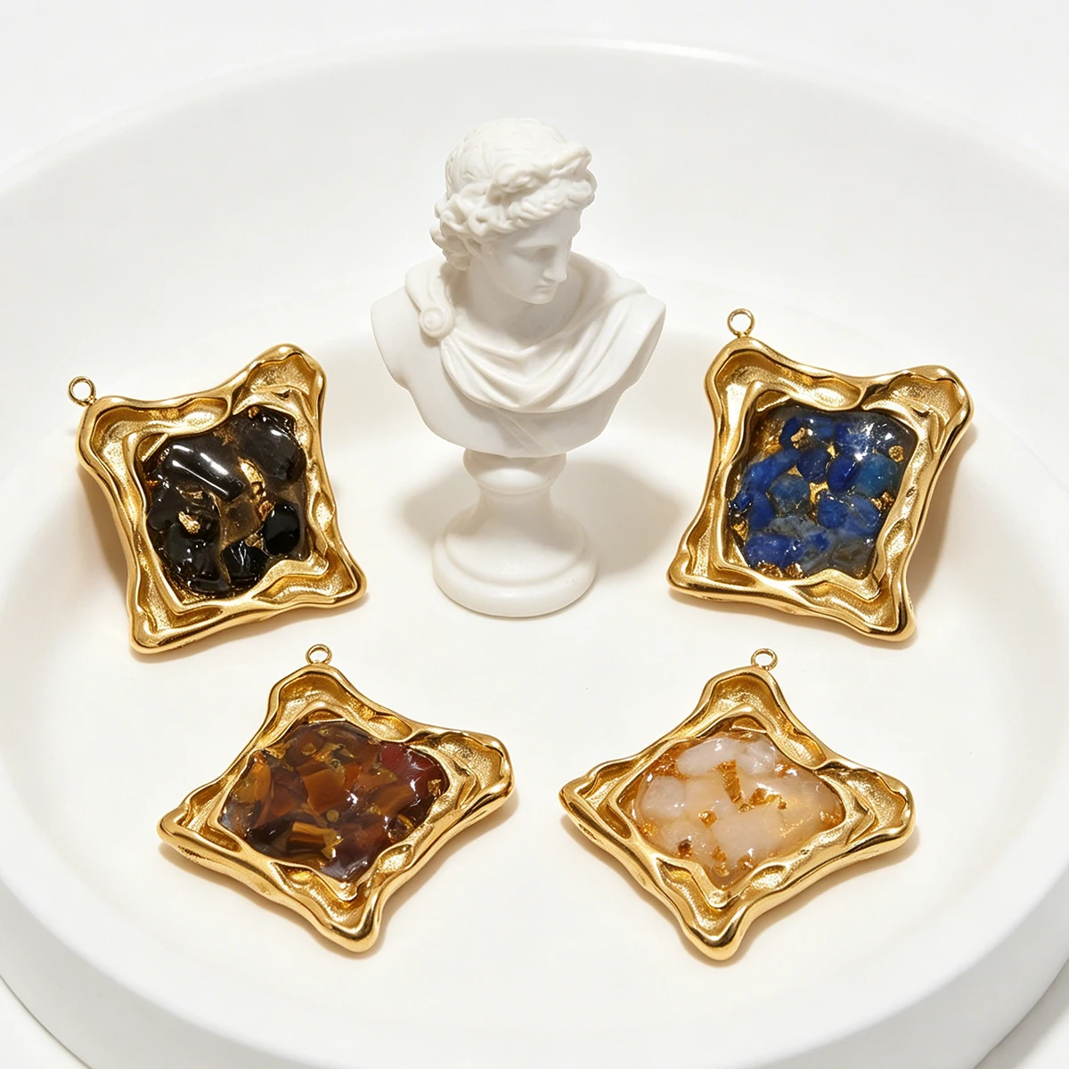 18K PVD Gold Stainless Stee Resin Stone Charms Women Retro Tiger Eye Stone For DIY Necklace Earring Jewelry Making Accessories