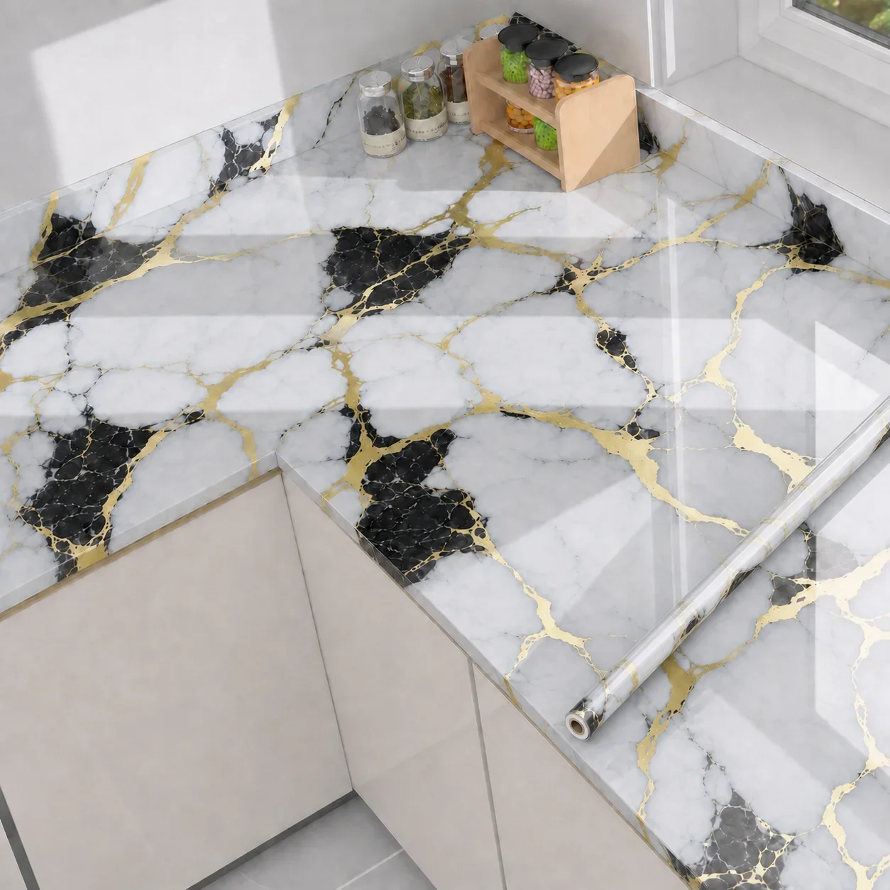 Luxury Gold-Veined Marble Oil-Proof Sticker High-Gloss PVC Decorative Film Suitable For Kitchen Countertops And Backsplashes.