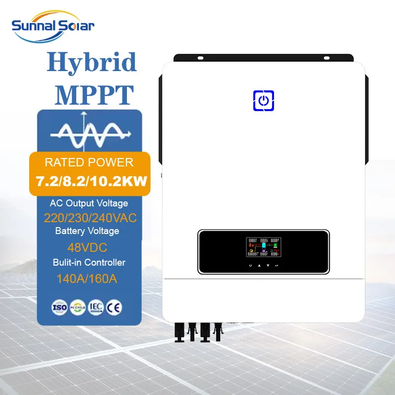 10.2 Kva Mppt 230V عاكس للطاقة الشمسية لموجة جيبية نقية على الشبكة 8.2Kw 10.2Kw نظام الطاقة الشمسية 220V عاكس هجين حزمة البطارية الشمسية